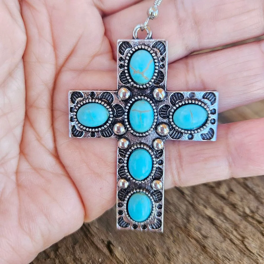 Western Boho Turquoise Cross Earrings - Picture 5 of 5